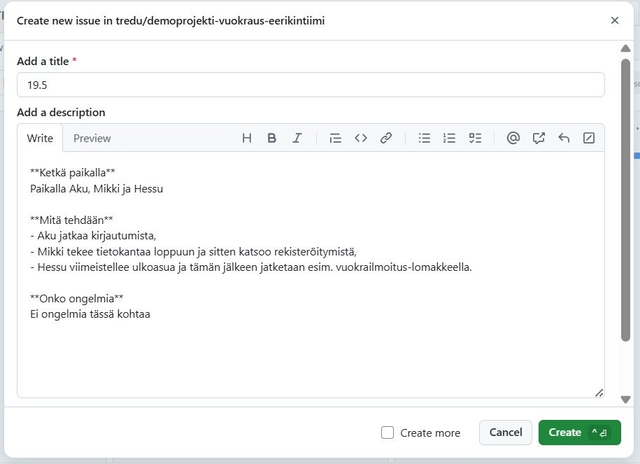 Esimerkki päiväpalaverimerkinnästä